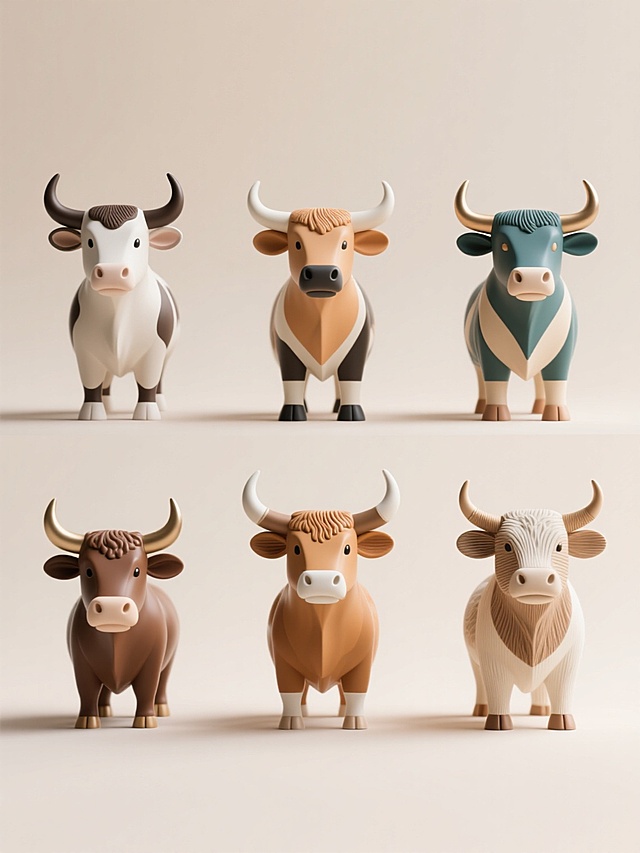 高分辨率摄影风格，6个不同配色、不同样式、不同材质的「牛」造型，浅色背景，上下两行对齐排列，每个牛造型具有独特的色彩搭配、设计样式和材质质感，光线明亮柔和，整体画面简洁清晰，突出牛造型的多样性和细节，适合用于展示或设计参考。