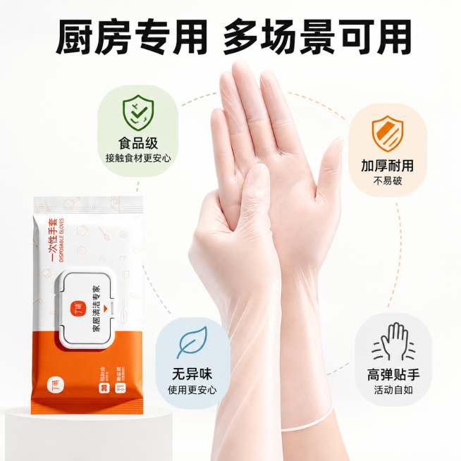 「图片1」，生成一套主图（5张），商品名称是食品级一次性pvc手套，卖点是食品级 加厚耐用无异味，贴手，风格是厨房专用，适配淘宝/天猫平台，主图比例为1:1「图片1」预览效果