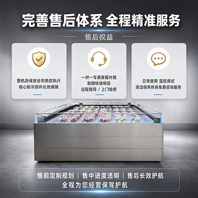 [第10张] 详情页-售后保障体系，完善售后体系主题。本张使用【图1】作为产品底部展示元素。
[氛围/风格] 专业可信温暖可靠的服务感，工业风底色上增加信任感，商业摄影质感。
[元素布局] 画面顶部为主标题区，中部为3项售后权益卡片横向排列，每张卡片配对应图标（盾牌/客服耳机/对话气泡）。底部为冷藏柜产品图，占比约35%，正面全景展示。产品图下方为收尾文案区。背景为浅灰到深灰渐变工业风背景，简洁专业温暖。保持冷藏柜外观结构、材质、颜色与输入产品图完全一致。
[光影质感] 柔和均匀的顶部主光，不锈钢机身有自然高光，整体光线明亮干净，传递专业可信的感觉。
[配色色系] 全局底色浅灰到深灰渐变；主色不锈钢银灰；辅助色白色+浅灰+浅蓝；强调色白色文字+金色盾牌点缀。
[视角构图] 上下结构，顶部标题→中部售后卡片→底部产品+收尾文案，构图稳重平衡。
[文字版式] 顶部居中主标题。主标题「完善售后体系 全程精准服务」，白色粗体大号字。副标题「售后权益」，浅灰色字。中部3张售后权益卡片横向排列，每张卡片内图标+说明：卡片1「整机质保按合同条款执行 核心制冷部件长效保障」；卡片2「一对一专属客服对接 故障快速响应 远程指导 / 上门检修」；卡片3「日常使用 温控调试 清洁保养终身免费咨询服务」。底部收尾文案居中：「售前定制规划｜售中进度透明｜售后长效护航 全程为您经营保驾护航」，白色字带半透明底。
[比例分辨率] 1:1正方形比例，4K分辨率，文字清晰可辨，高清画质。
[负向提示词] 变形，水印，文字错乱，文字过小，缺件错件，结构错误，颜色偏差，产品图模糊，背景杂乱，电商平台Logo。