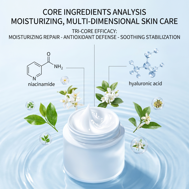 [主图-2] Core ingredients analysis. The product is placed at the bottom, surrounded by floating natura预览效果