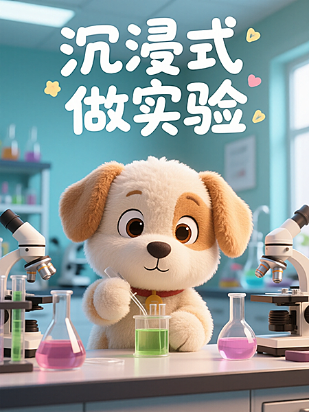 3D卡通风格，环境明亮，可爱小狗玩偶，在大学实验室认真做实验，顶部手写可爱大文字”沉浸式做实验“