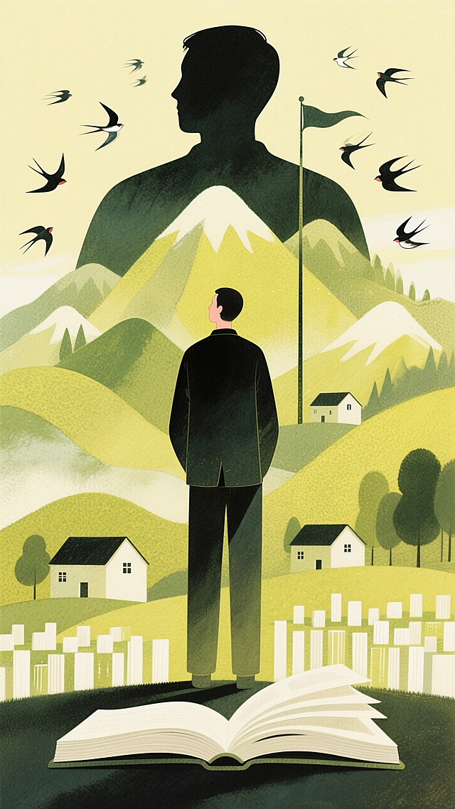 插画风剪影，超现实主义设计，清新感山景与飞翔燕子，噪点细节增添质感。