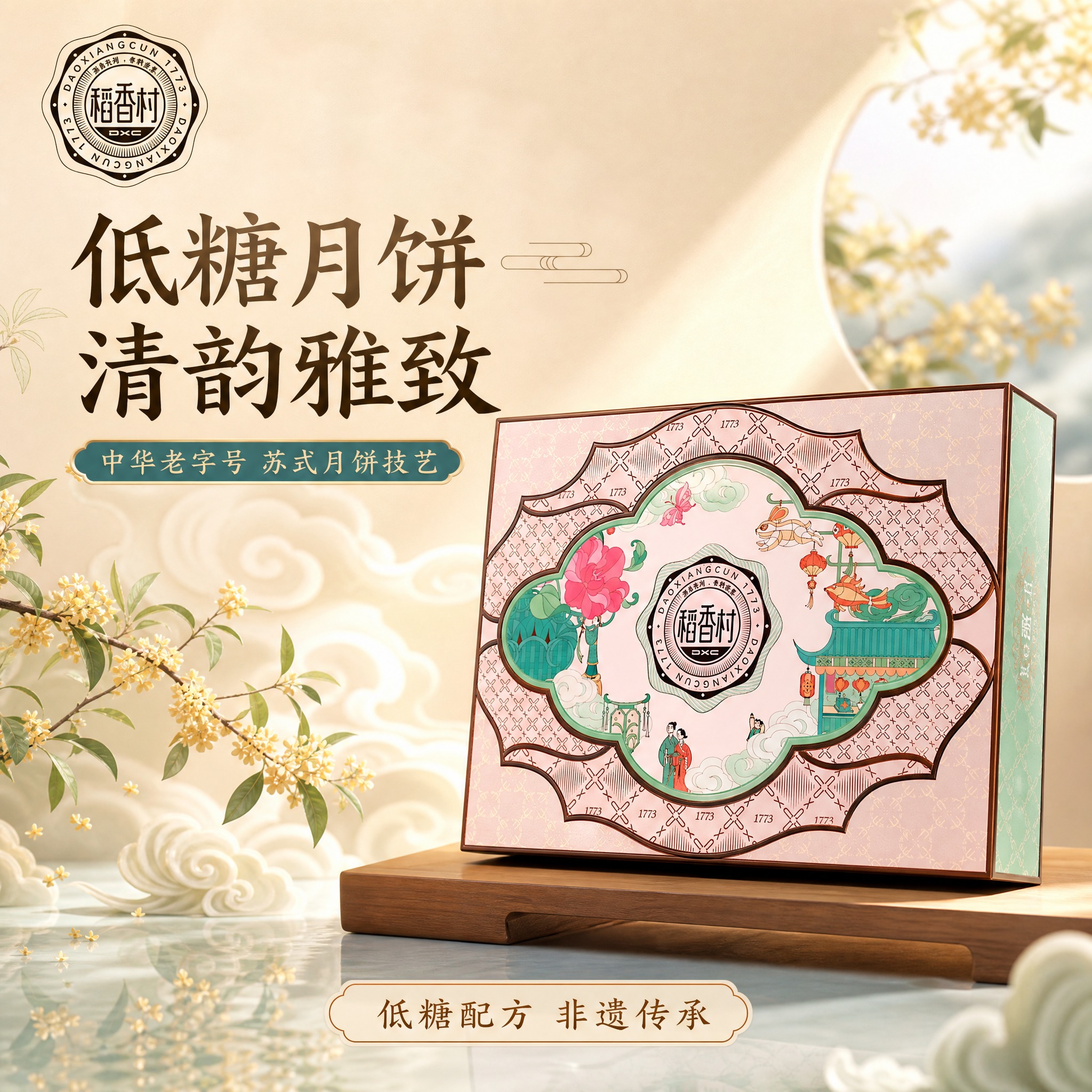 电商主图，稻香村低糖清韵月饼礼盒首图。礼盒正面完整展示，居中偏… - 图片创意预览