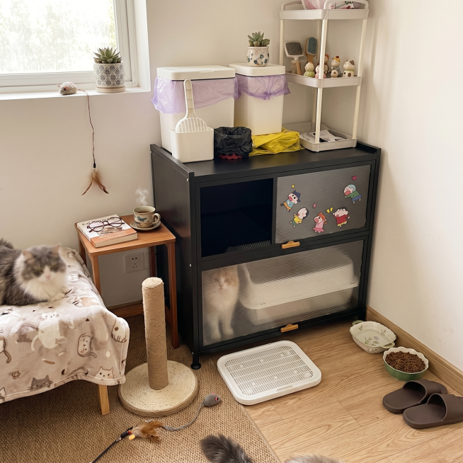 保留黑色猫砂柜整体不变，扩展图片展示更多周围环境，营造真实温馨有生活气息的家居买家秀环境，统一整体氛围感，增加环境的整体感预览效果