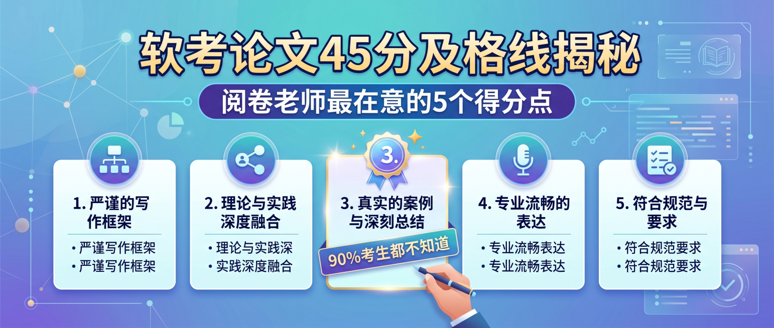 微信公众号横版封面图，主题为软考论文45分及格线揭秘，展示阅卷老师最在意的5个得分点，其中标注出第3个90%考生都不知道，现代简洁设计，清晰的文字排版，知识干货风格，突出标题预览效果