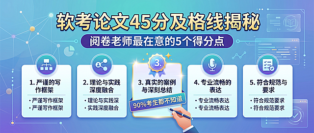 微信公众号横版封面图，主题为软考论文45分及格线揭秘，展示阅卷老师最在意的5个得分点，其中标注出第3个90%考生都不知道，现代简洁设计，清晰的文字排版，知识干货风格，突出标题