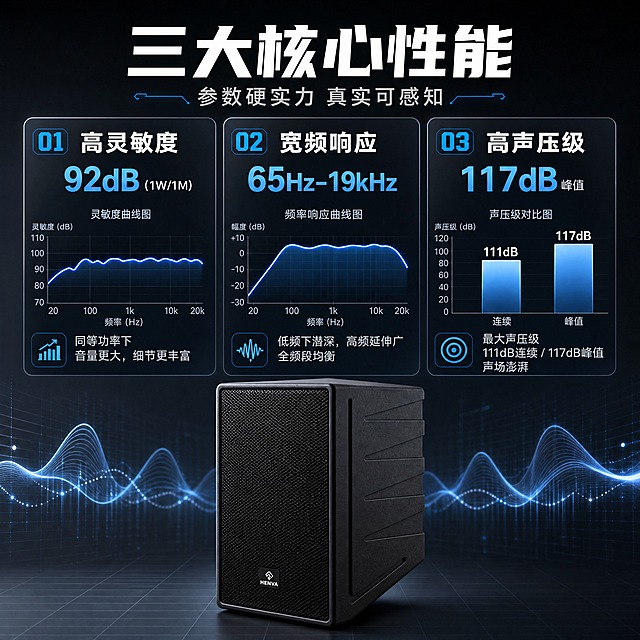 [商品] 使用【图1】HENVA HW-CP6.5专业音箱；保留黑色箱体、正面网罩、HENVA Logo、整体比例；产品以中等尺寸展示于画面一侧或作为背景元素，清晰可辨。
[画面] 目标：核心性能实测展示，用可视化数据呈现三大关键性能指标。构图：左中右三栏布局，每栏一个性能指标卡片，含数据可视化图形+参数数值+体验说明。产品图置于底部中央或背景虚化展示。背景：深灰色科技底色，带有数据波形和网格纹理，三张卡片悬浮排列，有微弱投影。整体数据感强，专业可信。
[视觉] 套系策略：风格=深色科技专业商业摄影风；标题字=现代无衬线粗黑体；正文字=简洁无衬线中黑体；主色=深炭黑/深灰；背景延展=基于深炭黑做深浅渐变、科技网格、声波线条和细腻金属质感延展；强调色=科技蓝，仅用于小面积图标、引线、标签和局部光效；标题色=纯白；正文色=浅灰；组件=细线圆角信息卡、声波图标、数据标签；光影=均匀柔光，数据图表有发光效果增强科技感。
[文字] 顶部主标题「三大核心性能」，副标题「参数硬实力 真实可感知」。三栏内容：1.「高灵敏度」92dB(1W/1M)，配灵敏度曲线图，说明「同等功率下音量更大，细节更丰富」；2.「宽频响应」65Hz-19kHz，配频率响应曲线图，说明「低频下潜深，高频延伸广，全频段均衡」；3.「高声压级」117dB峰值，配声压级柱状图，说明「最大声压级111dB连续/117dB峰值，声场澎湃」。文字全部横向排版，数据醒目易读。
[规格] 图片比例1:1方版，4K分辨率，京东平台适配，中文文案。避免变形、错字、文字过小、数据虚构、连续同构、极限词。