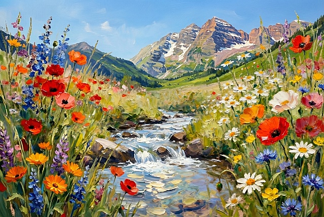 厚涂风油画，融合印象画派笔触，展现山涧花海的清新与梦幻，溪流蜿蜒，色彩斑斓，尽显自然浪漫与静谧之美。