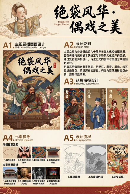 按照图二河洛古韵的版式结构，生成"绝袋风华・偶戏之美"布袋木偶戏特展版式汇报长图，整体结构分为五个部分：A1主视觉海报图、A2设计说明、A3延展海报设计、A4元素参考、A5设计流程。参考内容：A1展示预览效果