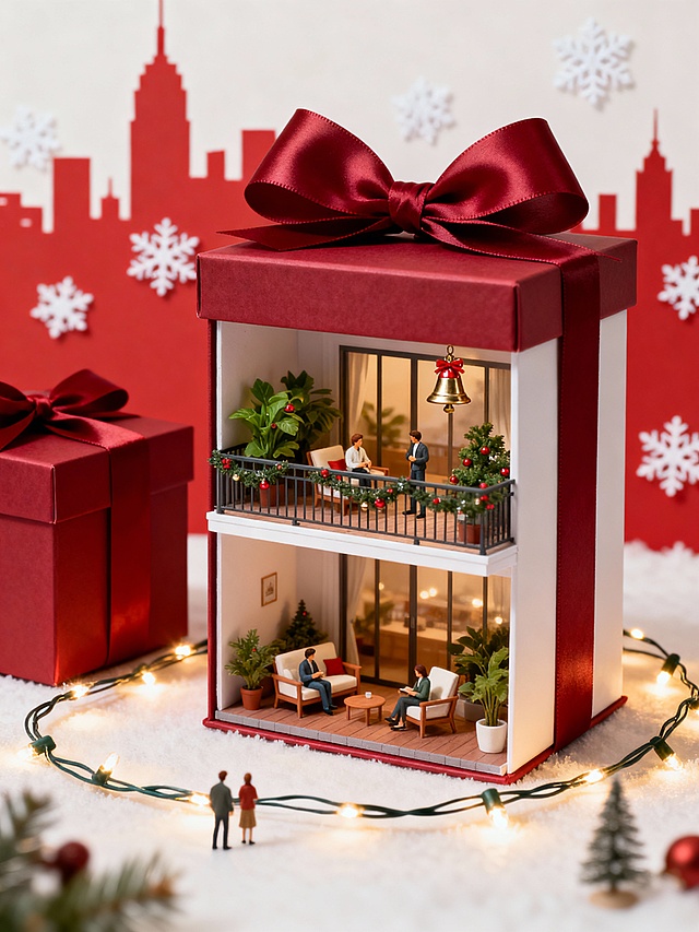 微缩艺术风3D礼盒屋，剪纸风城市背景与拼贴式雪景交融，红金配色营造喜庆温馨氛围，暖光灯串点缀梦幻圣诞夜。