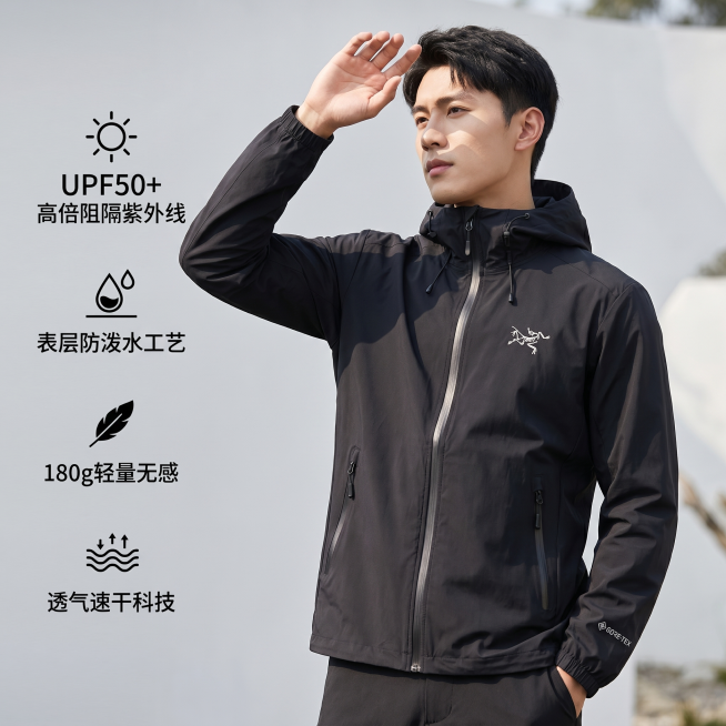 [主图 2] 防晒衣功能参数展示图
[氛围风格] 简约高端电商风，清新户外氛围，和首图风格保持完全统一
[画质] 商业摄影质感、光线柔和通透、产品清晰真实、画面干净高级。
[元素] 模特穿着黑色防晒衣预览效果
