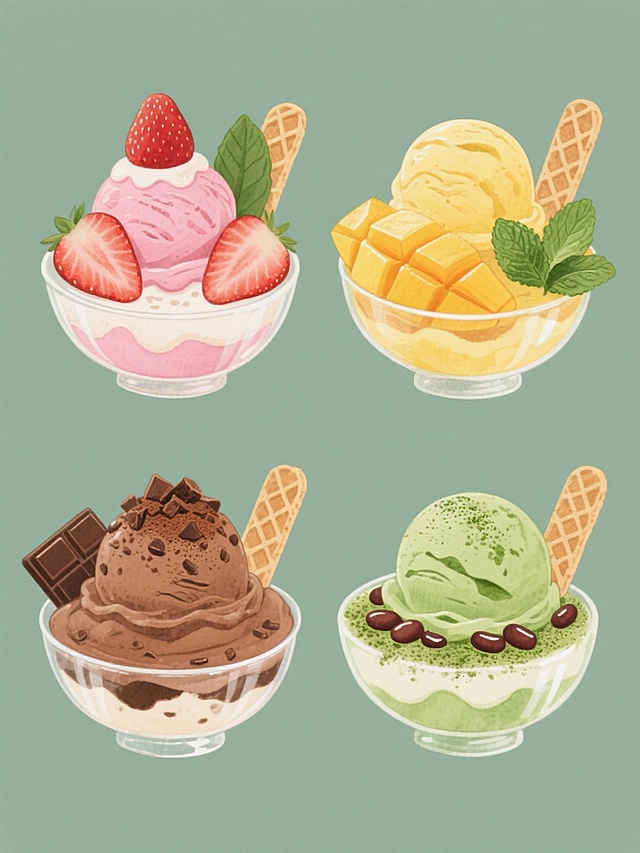 一系列4个水彩风格的甜品插画，规整排布在纯色背景上，保持相同的透明玻璃碗容器和华夫饼棒元素，每个画面整体色彩变换且完全不同：第一个是粉色系草莓冰淇淋配草莓切片和绿叶；第二个是黄色系芒果冰淇淋配芒果块和薄荷叶；第三个是棕色系巧克力冰淇淋配巧克力碎和可可粉；第四个是绿色系抹茶冰淇淋配红豆和抹茶粉，所有插画均采用细腻的水彩晕染效果，柔和的光影过渡，清晰的笔触质感，以及突出的食物新鲜感和立体感。