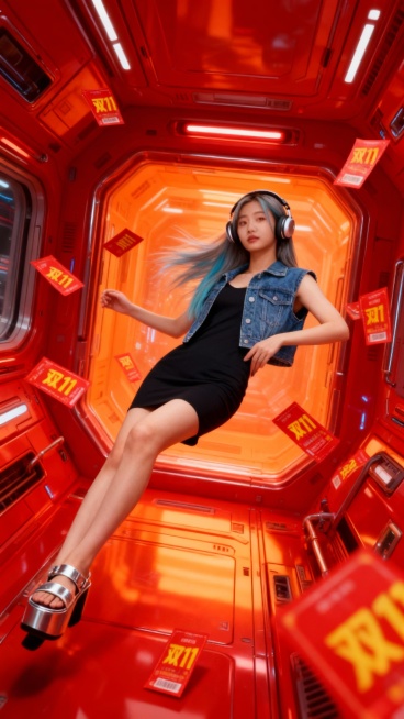 一张促销海报。高科技的红色太空车厢内部设计充满科技感（远景），图片中的人物侧躺着漂浮，戴着头戴式耳机，享受音乐，四周漂浮着很多红色的劵，上面写着黄色的“双11”。整个画面色调以红色为主，橙色为辅，搭配预览效果