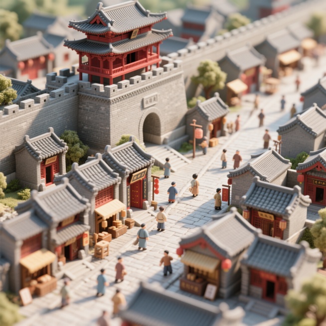 平遥古城的3D微缩景观，古建筑群错落有致，灰瓦红墙，城楼高耸，街巷中点缀着传统商铺和行人，整体风格精致细腻，色彩古朴典雅，光线明亮柔和预览效果