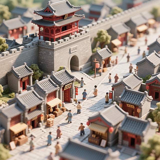 平遥古城的3D微缩景观，古建筑群错落有致，灰瓦红墙，城楼高耸，街巷中点缀着传统商铺和行人，整体风格精致细腻，色彩古朴典雅，光线明亮柔和