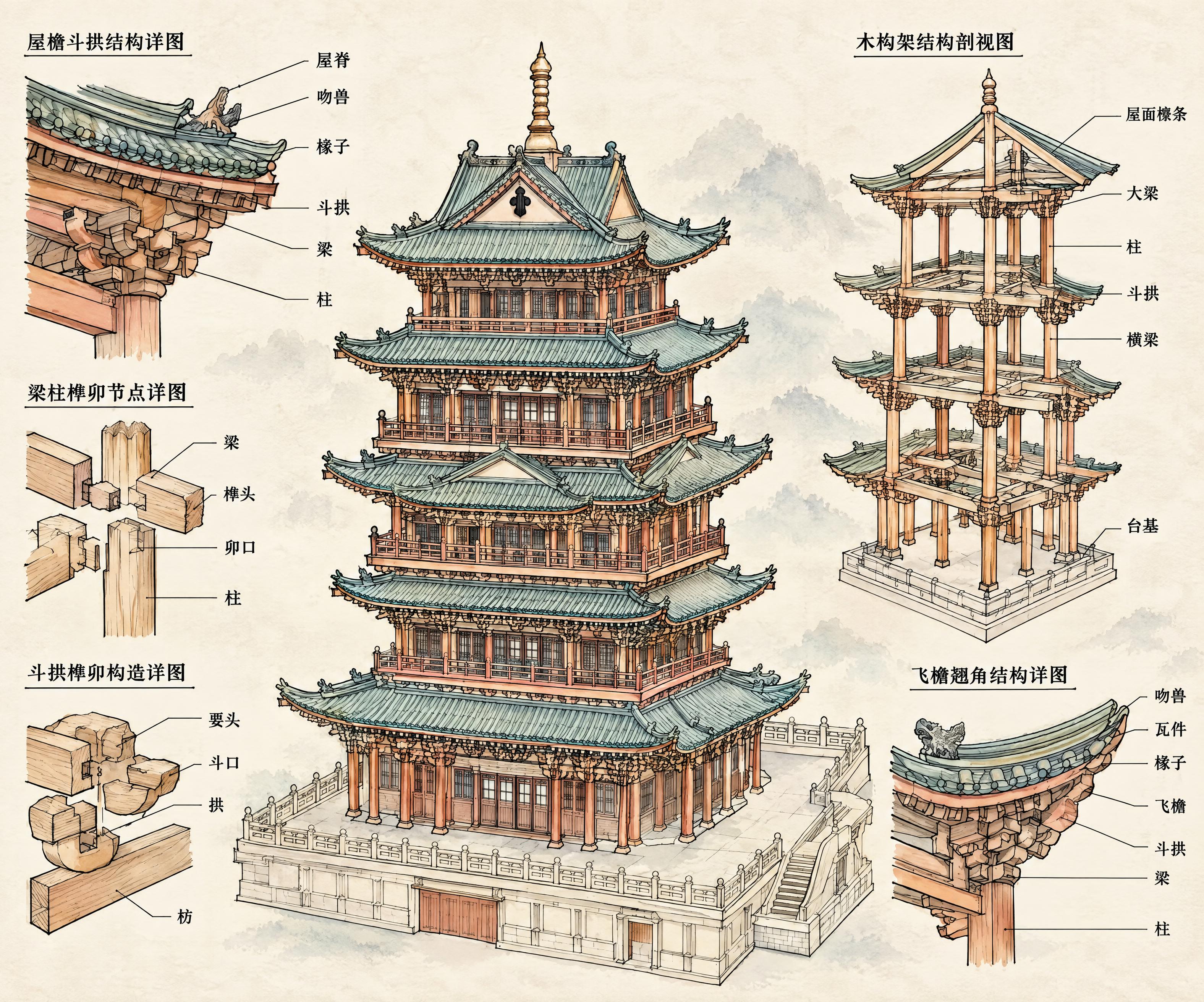 为这张古建筑榫卯结构线稿图进行淡雅水墨上色，保留所有黑色线条和… - 图片创意预览