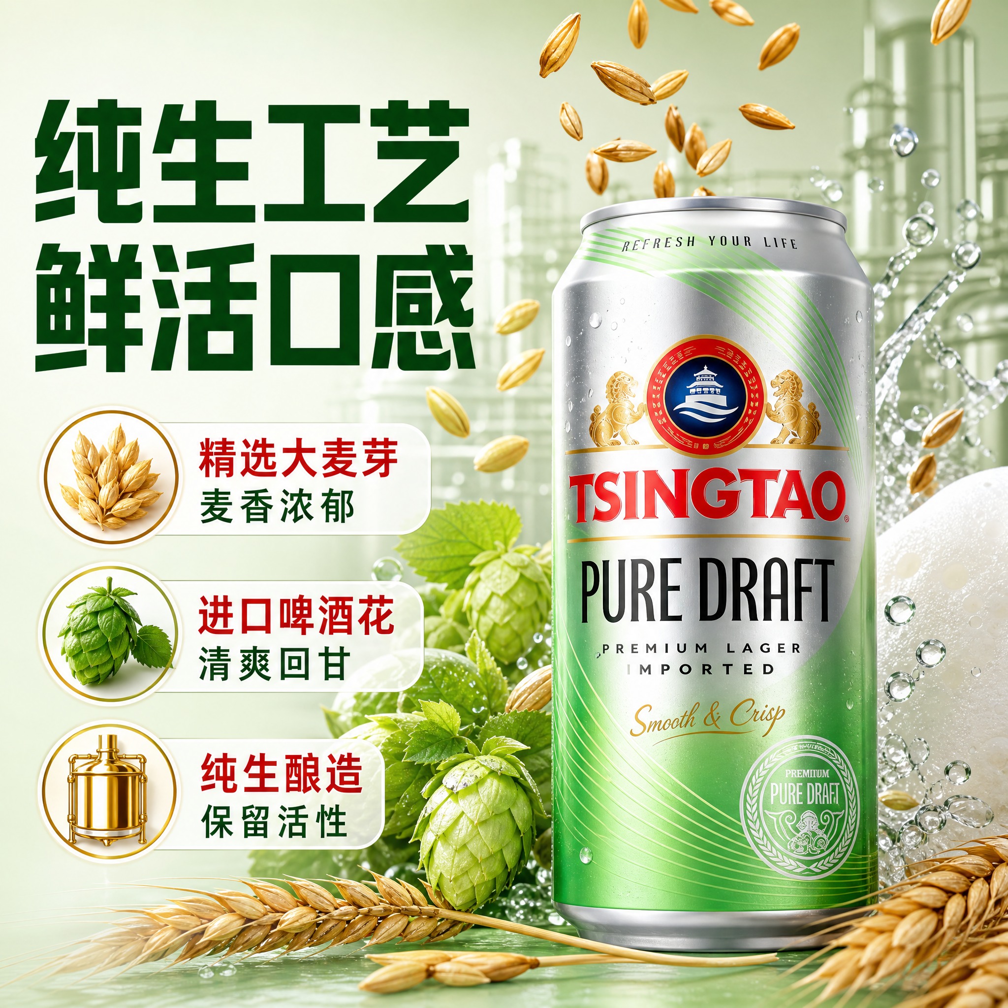 [主图-2] 青岛啤酒纯生核心卖点图，突出纯生工艺与优质原料，… - 图片创意预览