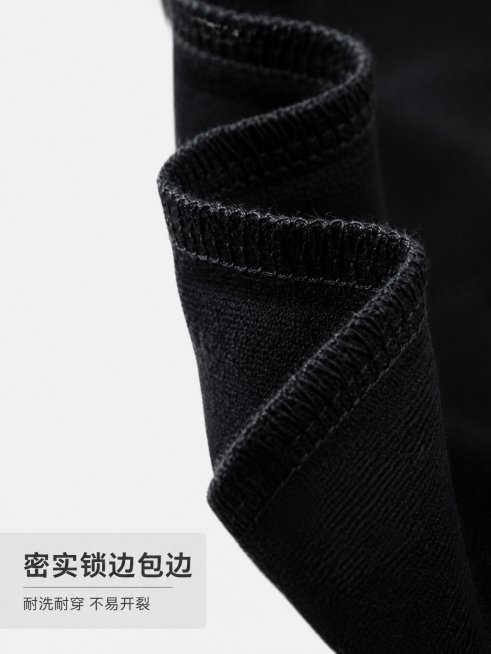 [第4屏] 细节工艺展示-袖口包边工艺特写，突出工整走线，体现细节处理品质
[氛围/风格] 极简风商业细节特写，干净简约，高级质感
[元素布局] 袖口走线区域放大占据画面主体，保持原图黑色T恤袖口、密预览效果