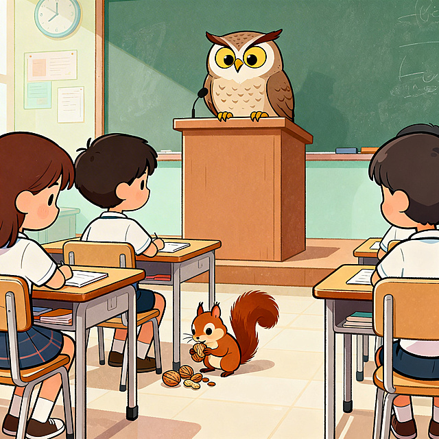 Modern flat animation style, bright soft pastel tones, with a little noise texture. Cute cartoon elementary school student characters, bright clean cartoon classroom scene, medium shot composition, highlight the main action, clean lines, high detail, no complex background, no text. A little squirrel secretly eats nuts under the desk, while the owl teacher is watching from the podium