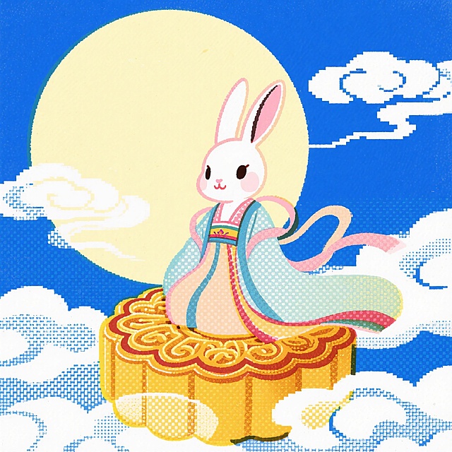 梦幻卡通风格，拟人兔子身着古装，坐于月饼之上，背景明月与云朵，中秋佳节氛围浓厚。