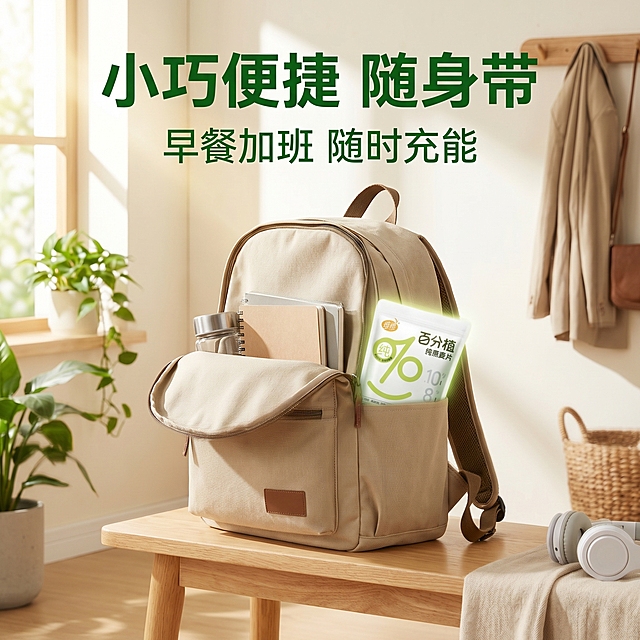 [主图 7] 维维百分植燕麦片方便携带展示；
[氛围风格] 延续全套清新生活化风格，自然真实；
[画质] 商业摄影质感，光线自然通透，产品清晰真实；
[元素] 展示维维百分植燕麦片小包装（保持包装外观与参考图完全一致）放在通勤背包里，突出小巧便携特点，背景是简约玄关场景，真实自然。保持产品包装设计准确，无变形文字错乱。商品主体占比合理，画面满铺无边框。
[光影] 自然晨间柔光，温暖通透；
[配色] 延续绿色米白浅棕主配色，风格统一；
[视角构图] 平视生活化构图，场景真实代入感强；
[文字版式] 顶部主标题"小巧便捷 随身带"绿色粗体最大字，副标题"早餐加班 随时充能"，文字位置合理不遮挡主体。
[比例分辨率] 1:1比例，2k分辨率；文字清晰可辨，超高清。
[负向提示词] 变形，水印，文字错乱，产品图模糊，背景杂乱，牛皮癣，配色刺眼，遮挡主体，风格不统一，包装设计错误