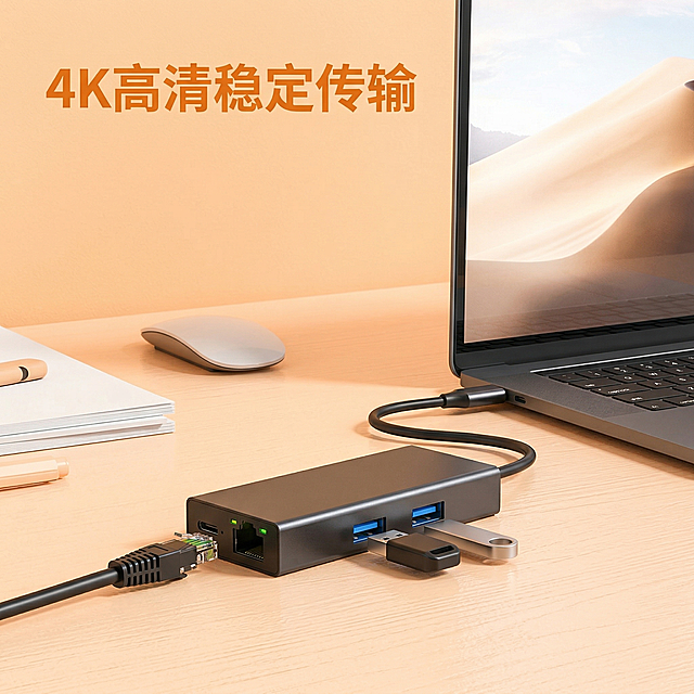 [主图4]千兆网卡使用场景展示。保持和整套主图一致的橙色系科技电商风格，统一调性。将产品放置在干净简约的现代桌面场景，连接笔记本电脑，展示日常使用状态，浅橙色墙面背景，桌面干净整洁。产品自然摆放，呈现真实使用体验，整体画面通透，产品清晰可见。左上角文案"4K高清稳定传输"，表达产品性能优势，文字悬浮无框，符合构图规范。