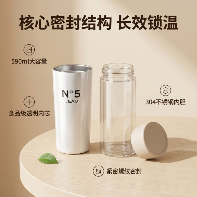 [主图 2] 水杯核心结构亮点展示图，展示双层结构与密封设计。[氛围风格] 温馨舒适家居治愈风，干净通透质感。[画质] 商业摄影质感，光线柔和通透，产品清晰真实，画面干净高级。[元素] 水杯拆解为外杯预览效果