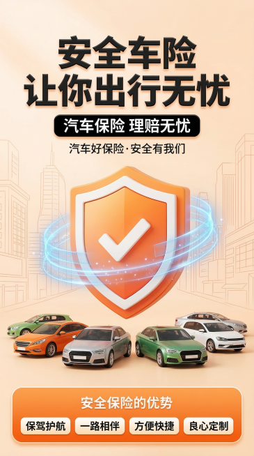 竖版车险宣传海报，C4D渲染，商务科技风，整体色调以橙黑为主。中央是橙白渐变立体盾牌，盾牌内带有白色对勾符号，周围环绕半透明蓝色科技光带与粒子效果，营造防护感；盾牌下方整齐排列多款不同颜色的汽车，包括预览效果