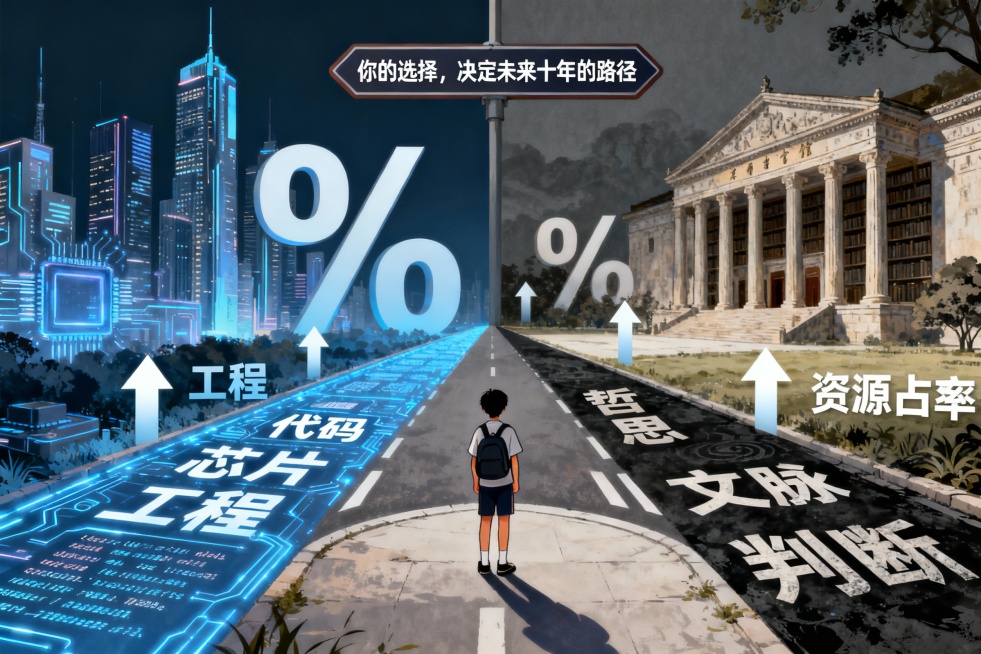 [image-画面中央是一条路的起点，一个学生背影站在路口。道路在前方分成清晰的两条：左边的道路由科技蓝光铺就，路面浮现着“代码”、“芯片”、“工程”等词汇，通向充满未来感的摩天大楼；右边的道路由古朴预览效果