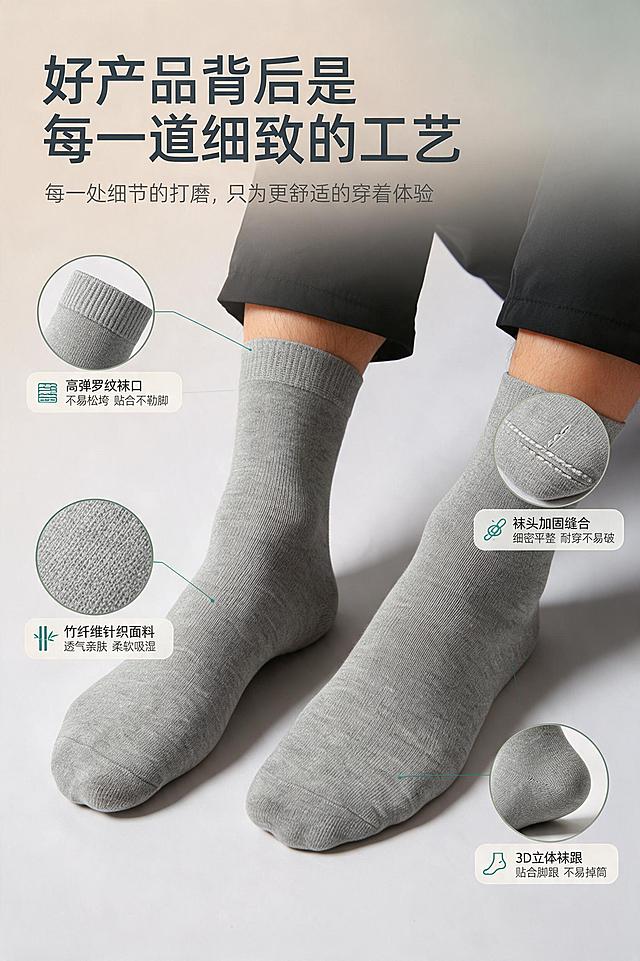 [商品] 使用【图3】男士浅灰色竹纤维中筒袜模特图；商品处理：100%继承原袜子的针织面料、纱线纹理、织物颗粒、原有印花、褶皱、明暗光影，袜子质感完全复刻原图，禁止重新生成袜子材质；仅适配环境光影，袜子本身纹路细节不做美化、不抹平颗粒，不要塑料光滑感；保留浅灰色、中筒版型、整体针织工艺结构。
[画面] 第3张：工艺展示图。目标：展示袜子整体做工与每一道细致工艺。构图：男士双脚穿着浅灰色中筒袜的正面全貌，双脚自然摆放，完整展示袜子从袜口到袜头的整体工艺与版型；画面中可加入局部工艺细节的小图点缀（如针织纹路特写、缝线细节），突出精工细作。主体占画面约65%，背景为简约高级的浅灰/米杏色渐变背景。真实实拍，纪实质感。
[视觉] 套系策略：风格=真实实拍纪实质感，高级简约商业摄影；标题字=现代简约黑体粗体；正文字=简洁黑体常规；主色=浅麻灰+米杏色；背景延展=基于米杏/浅灰做深浅层级、同色渐变和细腻质感；强调色=竹青绿，仅用于小面积图标、引线和标签；标题色=深炭灰；正文色=中暖灰；组件=圆角浅底信息卡、细线引线、简约图标；光影=左前侧暖柔光，自然柔和，保留真实阴影。
[文字] 上方主标题"好产品背后是每一道细致的工艺"，字体醒目；下方可配简短工艺说明文字，横向排版，不遮挡袜子主体。
[规格] 图片比例2:3竖版，分辨率2K，负向提示：避免袜子材质改变、针织纹理抹平、塑料光滑感、过度磨皮修图、变形、错字、文字过小、极限词、虚假宣传。