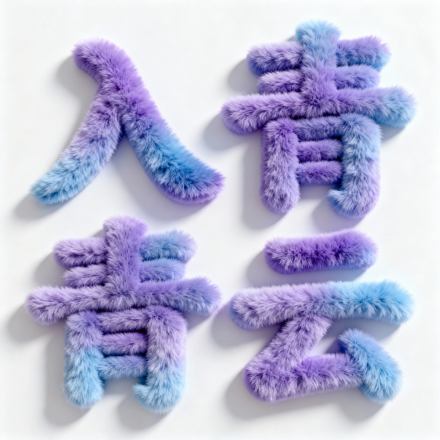以柔和渐变的紫色与蓝色为主色调，呈现高度逼真长毛绒材质质感的立体文字设计，文字内容为3个字"入青云"，立体字，每个文字都具有蓬松柔软的绒毛质感，边缘呈现自然的毛绒过渡效果，整体保持简洁的白色背景，营造温暖舒适的视觉氛围，文字排列错落有致，既有整体的连贯性又各具独立性，每个文字都保持与原图相同的毛绒立体风格和细腻的光影表现，光影柔和自然，高光与阴影过渡细腻，展现出长毛绒材质的柔软蓬松与立体感。