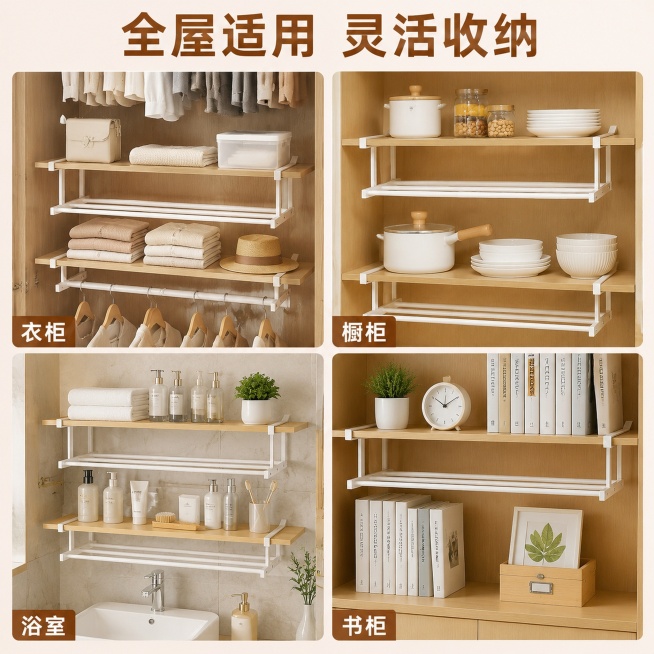 [主图-4] 可伸缩置物架多场景适用展示图
[氛围风格] 生活化多场景展示，亲和力强
[画质] 清晰明亮商业拼接摄影，每个场景清晰真实
[元素] 四宫格构图，分别展示置物架在衣柜、橱柜、浴室、书柜四个预览效果