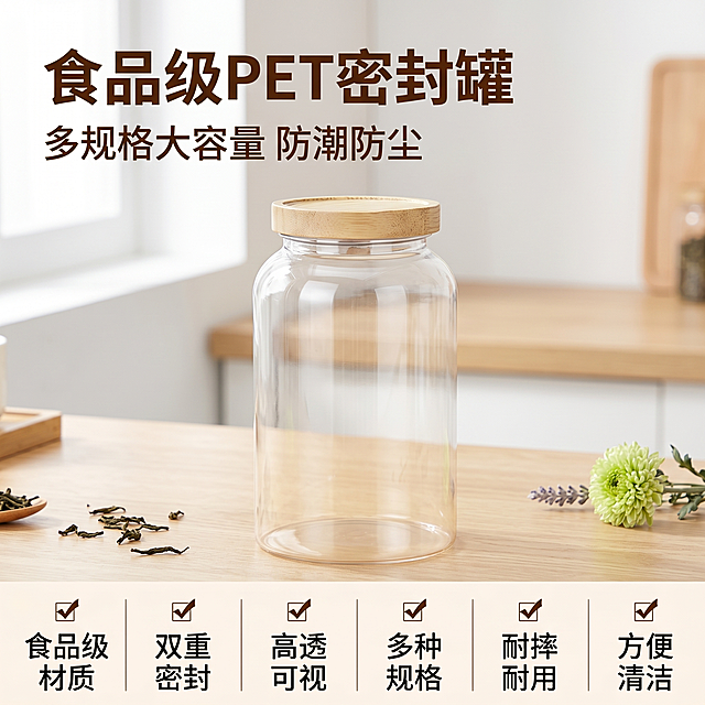 [主图-1] 食品级PET密封收纳罐首图。氛围风格：简约干净家居风，拼多多直白带性价比感；画质：商业摄影质感、光线柔和通透、产品清晰真实、画面干净高级；元素：透明PET密封罐带原木盖居中放置在浅木色厨房台面上，罐子空透展示高透质感，周围搭配少量干花茶包作点缀，保持产品外观（物理结构、材质质感、颜色）与输入产品图绝对一致，杜绝任何变形和色差，精细化处理。商品主体占比严格控制在70%左右，画面满屏无边框。光影：明亮北向厨房自然光，主光从左侧来，均匀打亮透明罐身，侧逆光突出材质清透感，阴影柔和不生硬；配色：主色调浅米白+原木浅棕，点缀浅绿干花；视角构图：正前方平视，产品中心构图，景深适中，背景干净虚化；文字版式：左上负空间左对齐留安全边距，大字主文案"食品级PET密封罐"深棕色粗体最大号；辅助大字"多规格大容量 防潮防尘"棕色约一半大小；底部通栏均分六列展示核心卖点，每列一个卖点配对勾图标：第一列✅食品级材质，第二列✅双重密封，第三列✅高透可视，第四列✅多种规格，第五列✅耐摔耐用，第六列✅方便清洁；文字对比度高清晰不遮挡产品。比例分辨率：1:1比例，2k分辨率，文字清晰锐利，画面超高清。负向提示词：变形，水印，文字错乱，产品图模糊，背景杂乱。