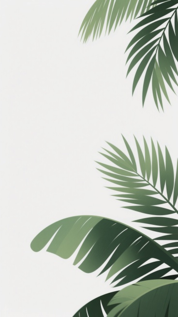 数字插画风格，以白色为主体背景占画面70%的留白空间，右下角和右上角分布着几片自然元素的绿色棕榈叶，叶片呈现出清晰的叶脉纹理和自然的弯曲形态，色彩为深浅不一的绿色渐变，边缘有轻微的高光处理，整体画面简洁、干净，具有现代设计感，无任何文字或标识元素。预览效果