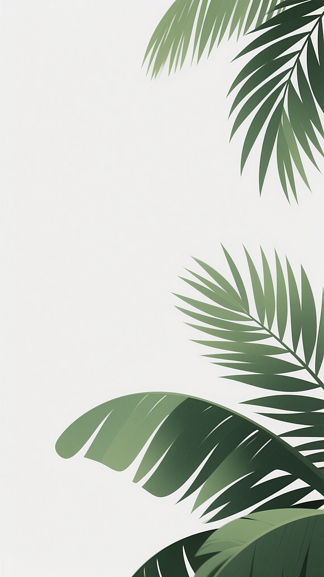 数字插画风格，以白色为主体背景占画面70%的留白空间，右下角和右上角分布着几片自然元素的绿色棕榈叶，叶片呈现出清晰的叶脉纹理和自然的弯曲形态，色彩为深浅不一的绿色渐变，边缘有轻微的高光处理，整体画面简洁、干净，具有现代设计感，无任何文字或标识元素。