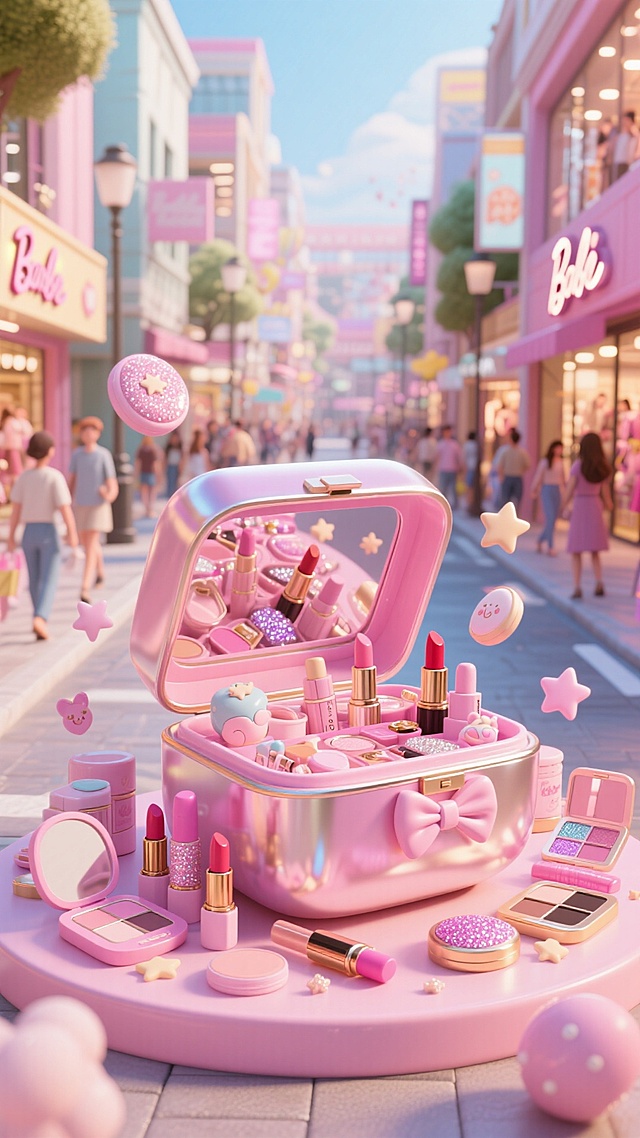 梦幻粉色街景中，软3D风化妆盒绽放甜蜜感，金属光泽与微缩艺术融合，虚拟现实般可爱场景，星形元素飘浮，尽显少女心。