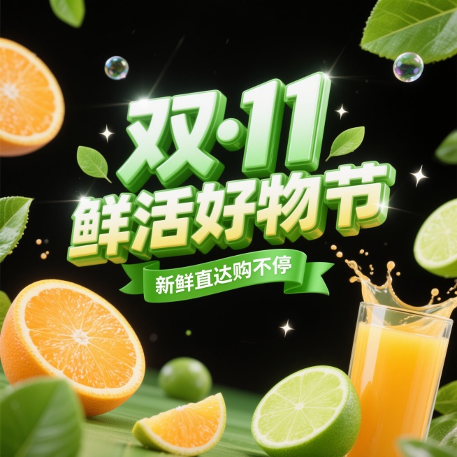 黑色背景，立体炫酷的促销主题艺术字，主标题“双 11 鲜活好物节”采用绿色渐变3D立体风格，富有光泽感，搭配绿色丝带标语“新鲜直达购不停”，周围点缀新鲜水果元素：切开的橙子、青柠片、绿叶，一杯溅起果汁预览效果