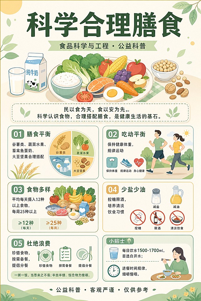 竖版A3印刷海报，扁平化矢量风格，网格模块化多分区构图，文字版面占比高，不要大面积纯图片，划分多个信息卡片文本区域，插画作为辅助装饰，主次分明，留白适度。柔和低饱和米白、奶黄、薄荷绿配色，健康治愈，高清印刷质感。

画面顶部为视觉焦点：大标题"科学合理膳食"，副标题"食品科学与工程 · 公益科普"，标题下方搭配中等大小的餐盘果蔬谷物扁平化矢量插画（包含米饭、蔬菜、水果、鸡蛋、牛奶等膳食元素，简洁几何化风格）。

导语区："民以食为天，食以安为先。科学认识食物，合理搭配膳食，是健康生活的基石。"

画面中部及下方划分多个圆角矩形信息卡片，分层排版：
卡片一："01 膳食平衡" 谷薯类、蔬菜水果、畜禽鱼蛋奶、大豆坚果合理搭配
卡片二："02 吃动平衡" 保持健康体重，规律运动
卡片三："03 食物多样" 平均每天摄入12种以上食物，每周25种以上
卡片四："04 少盐少油" 控糖限酒，培养清淡饮食习惯
卡片五："05 杜绝浪费" 珍惜食物，按需备餐，提倡分餐

右下角小贴士卡片："小贴士" 每日饮水1500-1700ml，首选白开水；进餐时间规律，细嚼慢咽

底部："公益科普 · 客观严谨 · 仅供参考"

画面内容丰富饱满但不拥挤，文字信息为重要载体，排版清晰可读，公益科普风格，客观严谨，无商业logo，无二维码。所有信息卡片必须填充完整合理的内容，不得出现空白框或待填写区域。画面中所有数字必须精确渲染，不得错位、遗漏或编造。