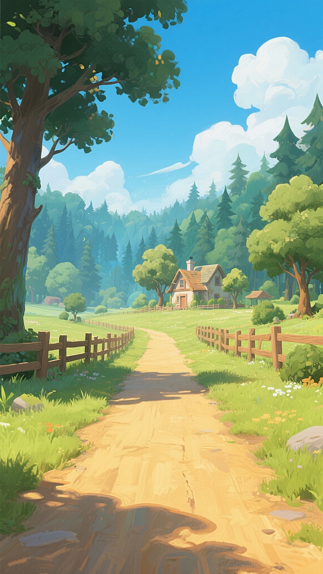 水彩风插画，清新舒适，虚拟自然景观，小径通幽，绿树环绕，田园生活。