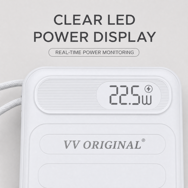 Portable power bank close-up flat lay focusing on 22.5W digital display. Keep original product color预览效果