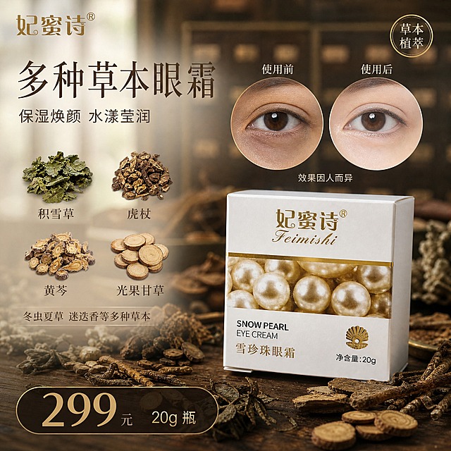 [单张主图] 妃蜜诗雪珍珠眼霜 小红书1:1主图 中药草本复古风格 单张同时承担点击理解信任转化 高级氛围感与信息密度平衡 突出植物草本成分与使用前后对比 价格299元

[画面主体] 画面中下部偏右放置妃蜜诗雪珍珠眼霜白色方盒产品主体 正面朝向观众略左倾15度 占画面约35% 保持产品外观与输入图完全一致 白色包装盒 金色妃蜜诗Logo与中文品名 中部金色珍珠图案带 下方雪珍珠眼霜字样与20g净含量 包装盒材质为哑光白卡配烫金 金色文字与珍珠图案有真实烫金光泽质感

[构图版式] 采用原生成分型+左文右物场景型混合版式 左侧上半区为主标题与副文案 左侧下半区为草本成分展示区 右侧中上部为使用前后对比双圆图 右下方为产品主体 底部为价格信息条 整体信息分区清晰 留白充足 中药铺复古质感

[场景元素] 整体背景为中药房复古风格 深棕木纹柜台台面 背景虚化的中药柜抽屉格 暖黄色调 产品周围散落真实晒干的草本药材 偏黑褐色的干草药 包括干积雪草叶片 干枯黄芩根段 干光果甘草切片 干迷迭香枝叶 少量冬虫夏草干品 草本药材自然散落在木台面上 有真实的干燥褶皱质感 颜色偏深褐偏黑 体现中药晒干后的状态 左上角放品牌Logo妃蜜诗 金色细体字 右上角放圆形小印章写草本植萃

[文案版式] 最终上图文案如下 左上主标题 多种草本眼霜 字体为宋体风格大号字 深棕色 主标题下方副文案 保湿焕颜 水漾莹润 字号缩小一半 浅棕色 左侧中部成分区 四个小图标加文字 积雪草 虎杖 黄芩 光果甘草 每个成分配一小束对应干草药小图 竖排两列 文字为深棕色小号字 成分区下方加一行小字 冬虫夏草 迷迭香等多种草本 右侧上半区使用前后对比 两个圆形图左右排列 左圆上方标使用前 内为眼周干燥暗沉示意图 右圆上方标使用后 内为眼周水润透亮示意图 同角度同光线 自然真实不夸张 对比图下方小字标注 效果因人而异 底部价格信息条 深棕色半透明圆角条 左侧大字 299 右侧小字 20g 瓶 文字全部横排 无竖排 无主标题副标题等说明词

[光影质感] 自然光从左上方斜射 暖黄色调 柔和窗光效果 产品底部有自然接触阴影 草本药材有真实干物质感与细微绒毛 背景中药柜浅景深虚化 整体画面温暖复古 中药房氛围 产品包装烫金部分有真实金属反光 哑光白盒有细腻纸质感

[配色字体] 主色为深棕色与米白色 辅助色为草本深绿与药材质感的深褐色 强调色为金色(品牌与价格) 主标题用宋体风格细衬线字体 辅助文案用干净无衬线体 字重克制 靠字号与颜色分层级 不使用粗黑爆炸字体

[比例分辨率] 1:1正方形 2k分辨率 文字清晰可辨 产品清晰完整

[负向提示词] 禁止化学成分名称 禁止生产厂家信息 禁止出现总共多少种成分的数字 禁止夸张医疗功效 禁止变形 禁止水印 禁止错字糊字 禁止伪Logo 禁止主体遮挡 禁止背景杂乱 禁止低清晰度 禁止错误结构 禁止西药药片胶囊 禁止化学烧杯试管 禁止现代科技感元素 禁止平台Logo