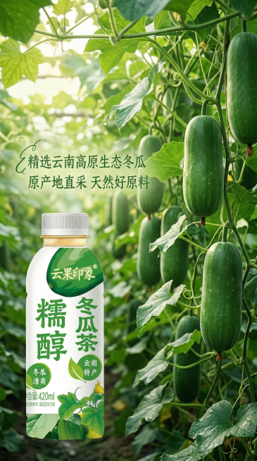 冬瓜茶淘宝详情页，原料主题，背景是云南原生态冬瓜种植园，翠绿的新鲜冬瓜挂在藤蔓上，阳光洒落，画面左侧展示云果印象糯醇冬瓜茶产品，搭配文案"精选云南高原生态冬瓜 原产地直采 天然好原料"，整体风格清新自预览效果
