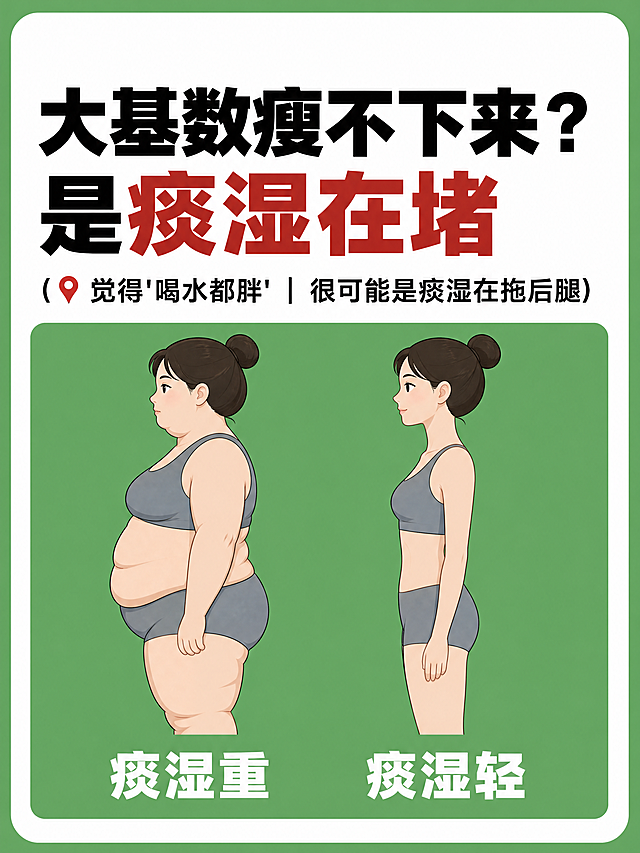 3:4竖版健康科普信息图海报，深绿色#66BB6A细边框（约画面宽度3%），边框内部是纯白#FFFFFF圆角矩形内容区（圆角约20px）。内容区顶部留白约5%。顶部留白下方用超粗黑体（字重900）显示封面大标题，分两行排列左对齐：第一行"大基数瘦不下来？"用纯黑色#000000，第二行"是痰湿在堵"中"痰湿在堵"四个字用红棕色#C0392B变色强调，字号极大占画面顶部约30%。标题下方用近黑色#1a1a1a常规黑体显示副标题"(📍觉得'喝水都胖'｜很可能是痰湿在拖后腿)"，字号约正文1.2倍，带定位图标。副标题下方是一个绿色#4CAF50背景区域（约占画面50%），区域内左右排列两个扁平卡通女性侧面身材对比插画：左侧是胖身材（腹大松软、全身浮肿的痰湿体质女性，穿灰色运动内衣），底部白色粗体标注"痰湿重"；右侧是瘦身材（腰腹紧致、体态轻盈的女性，穿灰色运动内衣），底部白色粗体标注"痰湿轻"。绿色背景区下方纯白留白约7%。整体风格绿色健康科普信息图风，扁平卡通插画，干净专业，无二维码无平台水印，不加任何品牌标识。文字精准无错字，标点符号准确无误，排版对齐工整，字体清晰锐利，无乱码无重影。版式精美，信息层级清晰。
