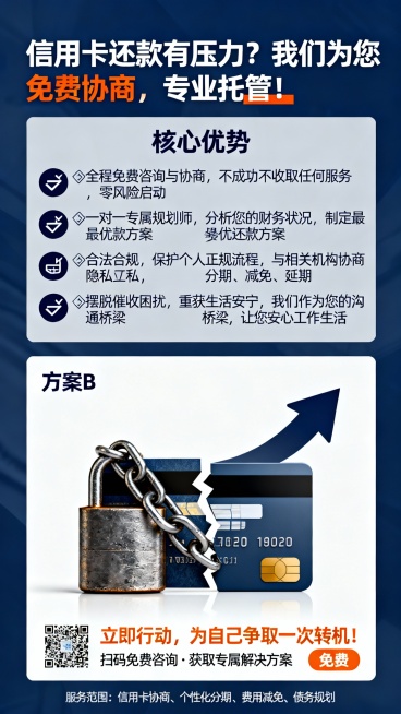 海报主题：
告别债务泥潭，开启信用新生
副标题：专业债务托管 · 免费协商处理信用卡难题

海报视觉框架建议：
主视觉：

方案A（温情希望风）： 一只被困在透明信用卡模型中的手，正被另一只专业的手（预览效果