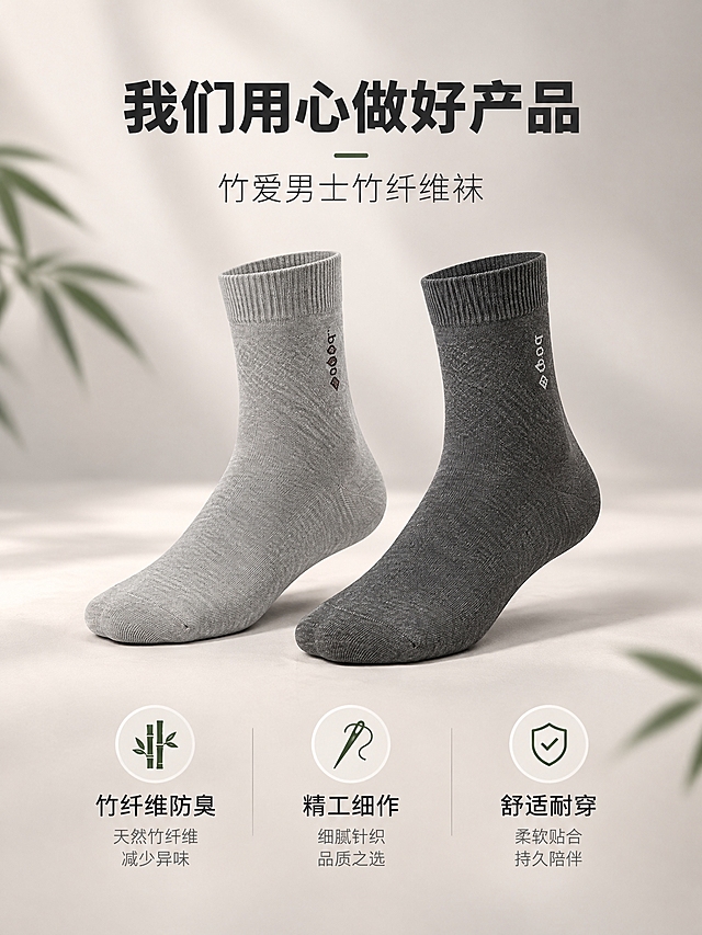 [商品] 使用【图1】【图6】男士竹纤维中筒袜（浅灰色+深灰色）；保留中筒版型、罗纹袜口、菱形提花、针织纹理、颜色；增强整体质感与纹路清晰度，不改变版型。
[画面] 页面目标：品牌理念收尾，用心做好产品的品质感总结。构图：居中对称布局，两双袜子（浅灰+深灰）并排陈列于画面中央，周围留白充足，营造高级感；主体占画面50%，前景袜子陈列，背景为浅暖灰渐变+柔和光影；阅读动线从中间向上下展开。
[视觉] 套系策略：风格=简约高级男士商业摄影；标题字=现代无衬线粗体中文；正文字=简洁无衬线体；主色=浅暖灰；背景延展=基于浅暖灰做深浅层级渐变、细腻哑光质感，局部加入浅米色柔化；强调色=深竹绿，仅用于小面积图标、引线和重点词高亮；标题色=深炭灰；正文色=中暖灰；组件=细线引线、圆角浅底信息卡、极简图标；光影=正上方柔和自然光，阴影柔和均匀。
[文字] 上方主标题：我们用心做好产品，副标题：竹爱男士竹纤维袜；下方总结3个核心卖点：竹纤维防臭 / 精工细作 / 舒适耐穿；文字横向排版，位于画面上下留白区，居中对齐，不遮挡袜子主体。
[规格] 图片比例3:4竖版，2K分辨率，medium质量；避免变形、错字、文字过小、冷蓝背景、袜子颜色改变、纹路模糊。