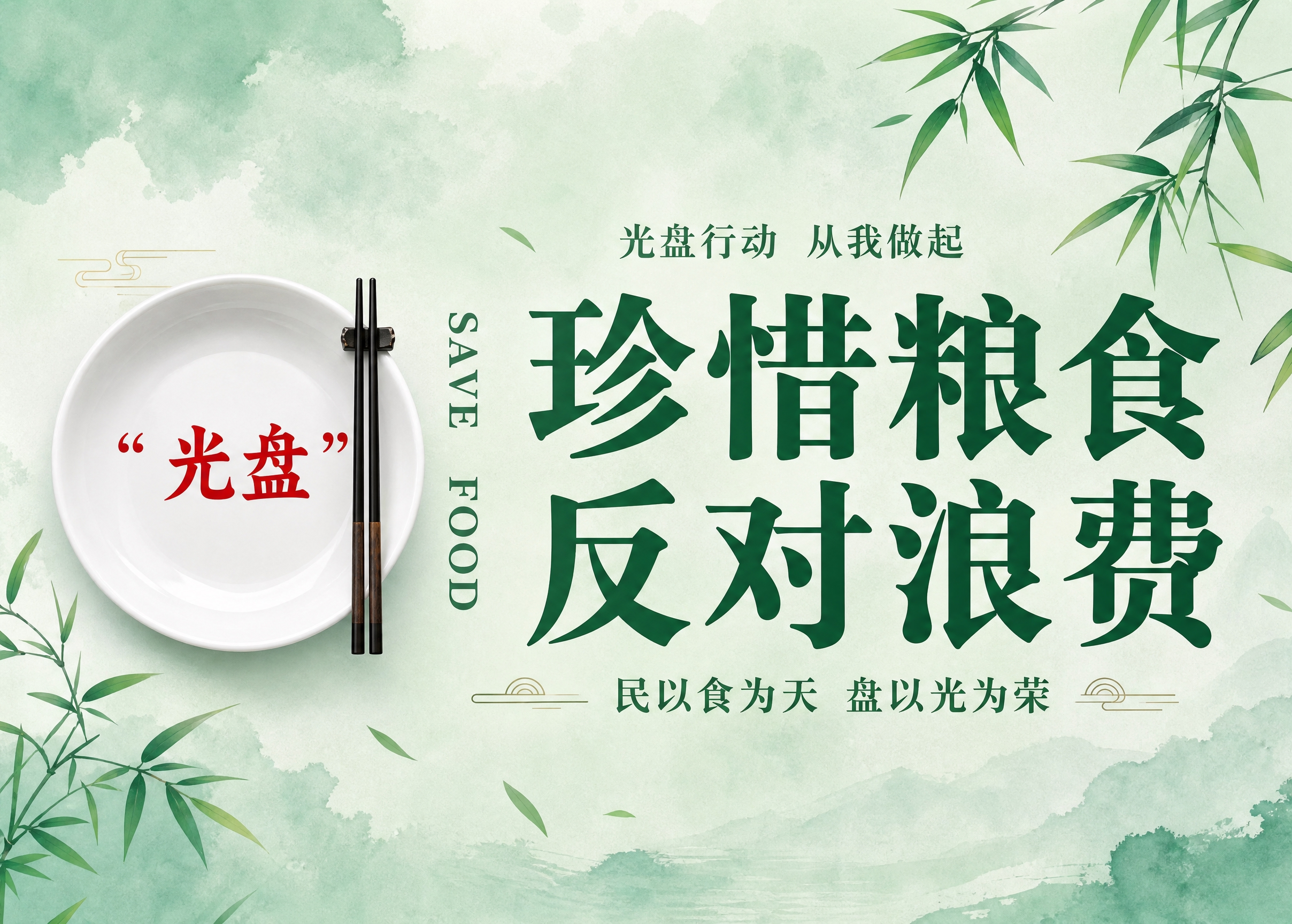 文明餐桌桌签设计，横版7:5比例。新中式清新绿色风格，左侧一个… - 图片创意预览