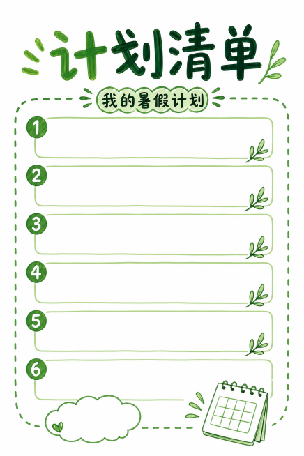 暑假实践手册内页，尺寸A4 210*297mm，白底马克笔手绘风格，不要粽子，去掉所有粽子元素，计划清单页面，参照参考图片的马克笔手绘排版风格创作，整体白底，手绘带编号的清单条目框，绿色马克笔风格预览效果