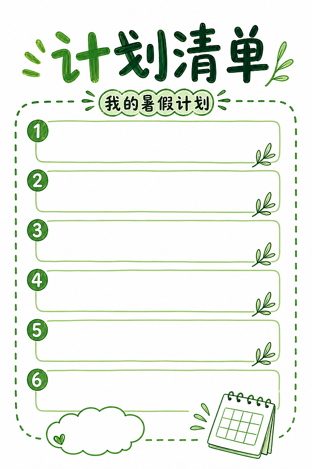 暑假实践手册内页，尺寸A4 210*297mm，白底马克笔手绘风格，不要粽子，去掉所有粽子元素，计划清单页面，参照参考图片的马克笔手绘排版风格创作，整体白底，手绘带编号的清单条目框，绿色马克笔风格