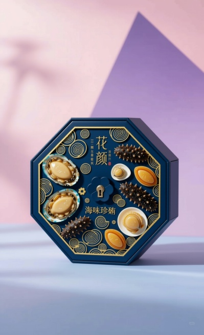 帮这个盒子改成装海味的生产，盒子结构形式不变，只改盒子正面图案，改成海味的内容图案，预览效果