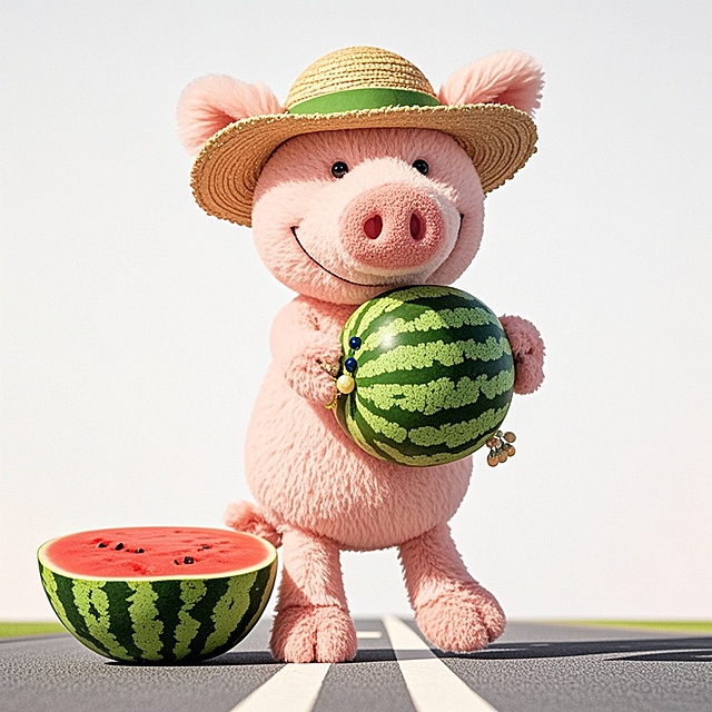 可爱卡通猪拟人化设计，头戴草帽，手抱西瓜，夏日清新风格。